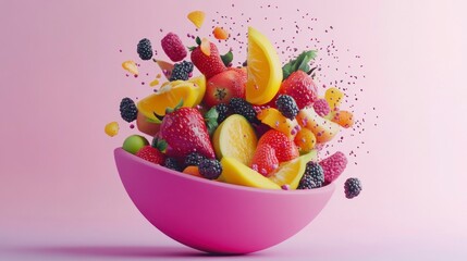 Pink bowl overflowing with vibrant, fresh fruit, exploding with juicy pieces.