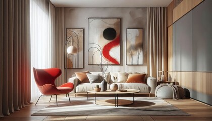 Luxurious modern living room, warm wood paneling, floor-to-ceiling windows, abstract red and white wall art, plush beige sofa, red accent chair, marble coffee table, soft ambient lighting, minimalist 