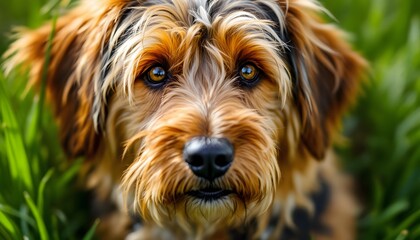 Golden-brown dog with soulful eyes amidst green grass - innocence and companionship - perfect for animal shelters or social media posts about pets