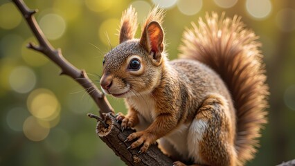 Obraz premium A curious brown squirrel sits poised on a branch, its bright eyes fixed intently to one side, set against a softly blurred outdoor backdrop