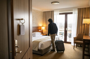 Traveler enters hotel room with luggage after check-in