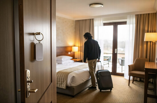 Traveler enters hotel room with luggage after check-in