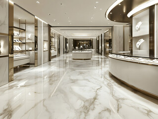 Elegant jewelry store interior featuring marble flooring and display cases.