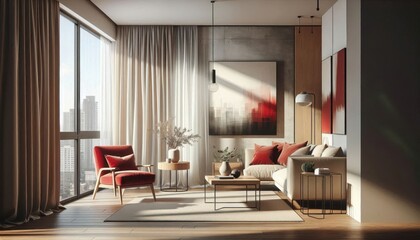 Luxurious modern living room, warm wood paneling, floor-to-ceiling windows, abstract red and white wall art, plush beige sofa, red accent chair, marble coffee table, soft ambient lighting, minimalist 