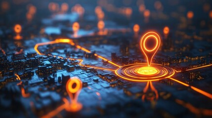 Digital City Map with Neon Markers and AI Technology for Innovative Transport Logistics and Delivery Services