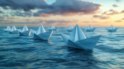 Obraz premium Fleet of origami boats sailing on calm ocean at sunset.
