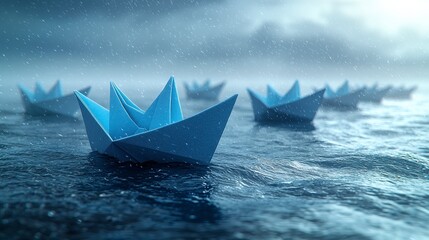 Obraz premium Fleet of origami boats sailing stormy sea.