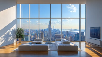 Modern apartment with panoramic city view, sunlight streaming through floor-to-ceiling windows, showcasing a minimalist living room design.