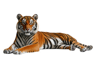 Obraz premium A majestic tiger lying down, isolated on transparent background