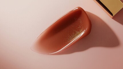 Elegant smear of glossy lip gloss reflecting warm light on blush pink surface