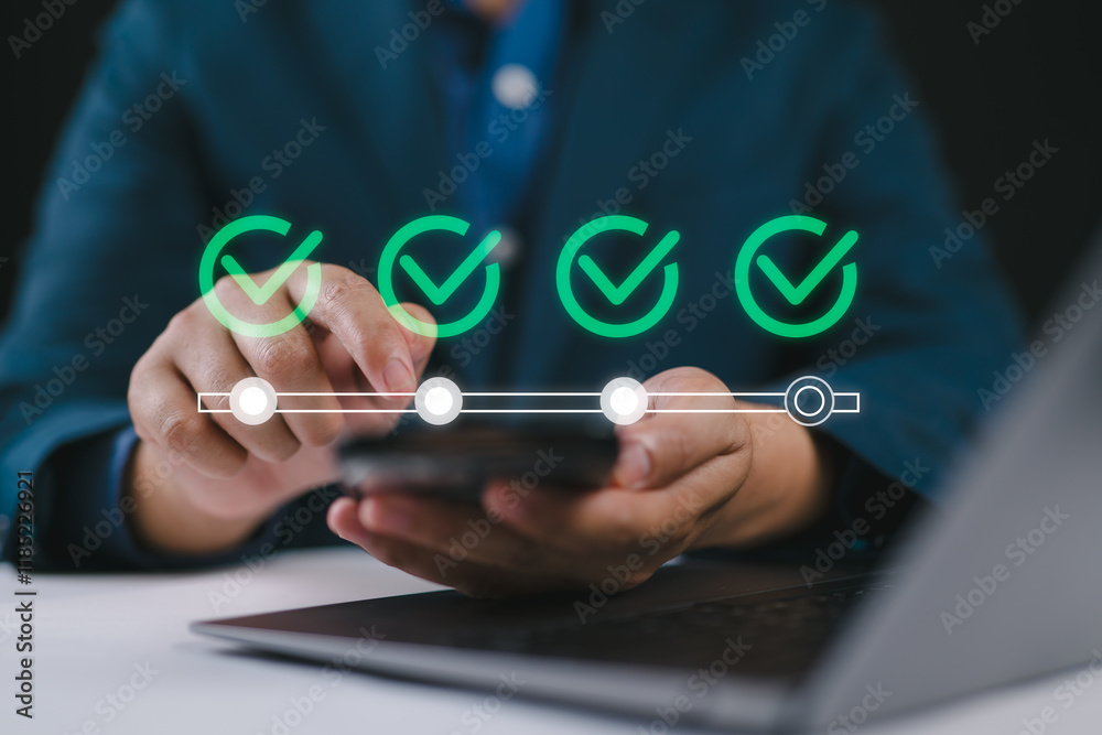 Poster Online survey questionnaire with progress bar for compliance with regulations and service standards. Follow checklist of process steps and improve QA quality assurance. Standardization certification.