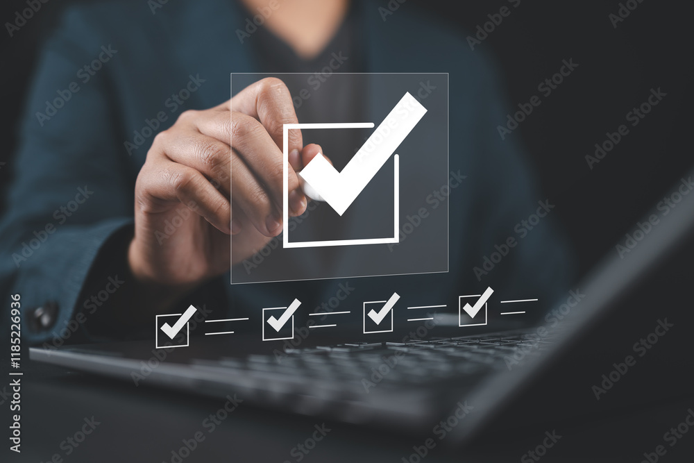 Poster tick mark checkbox. business performance checklist tracking concept. online evaluation survey questi