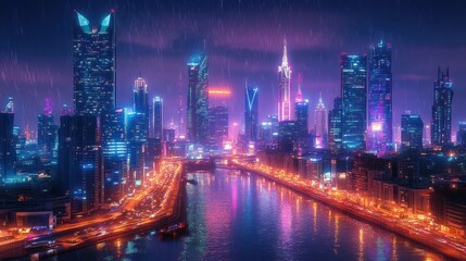 Fototapeta premium Futuristic Night City Skyline with Neon Lights in Cyberpunk Style