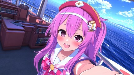 A cheerful anime girl takes a selfie on a ship's deck.