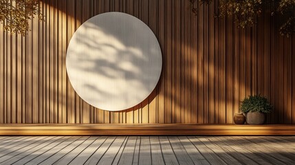 Circular Wooden Signboard on Striped Wall in Morning Light Ready for Retail Branding