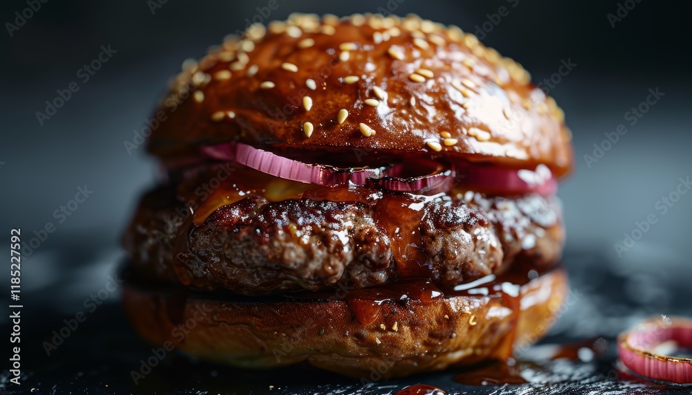 Wall mural Close-up of a juicy beef burger with cheese, caramelized onions, and a sesame seed bun, drizzled with sauce.