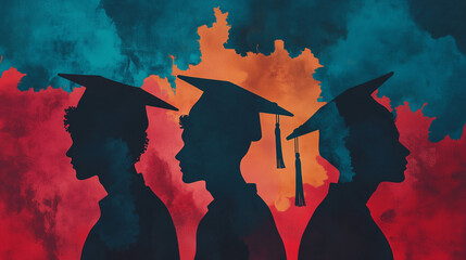 Silhouetted graduates wearing caps celebrating their academic achievements against a vibrant, abstract background of red and blue hues.
