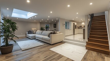 Modern house interior with hardwood floors, beige sectional sofa, marble staircase, and skylight.