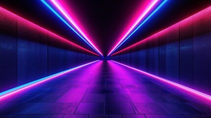 Fototapeta premium Futuristic Neon Corridor with Geometric Shapes in Cyberpunk Style and Dramatic Shadows