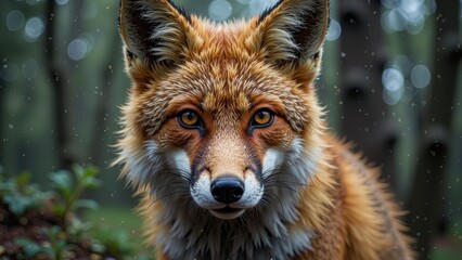 Obraz premium A sleek, brown and white fox gazes directly at the camera with piercing yellow eyes and a hint of mischief, its black-rimmed features set in sharp relief