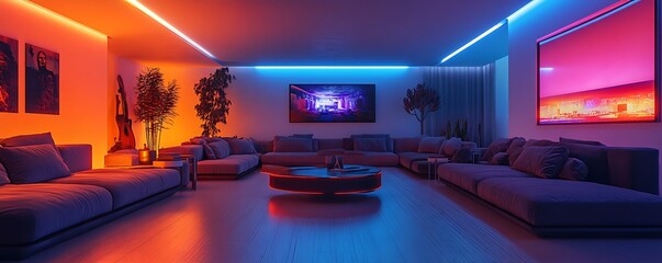 Modern living room with colorful LED lighting, sectional sofa, and artwork.