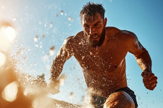 Muscular man running energetically on sunny beach with intense determination