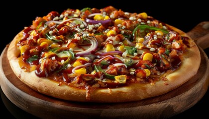 A close-up of a delicious BBQ chicken pizza with corn, red onions, and jalapenos on a wooden cutting board against a black background.