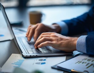 Office worker typing on a laptop with blurred documents