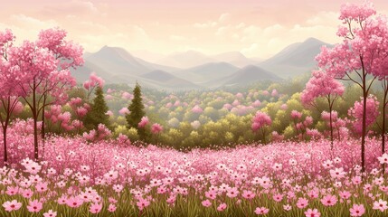 Fototapeta premium A Serene View of a Picturesque Landscape with Blooming Cherry Trees and Vibrant Pink Flowers under a Calming Sky in a Tranquil Mountain Setting