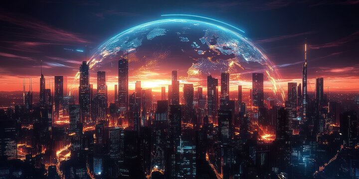 Futuristic Cityscape Night Neon Lights Cyberpunk Digital Globe