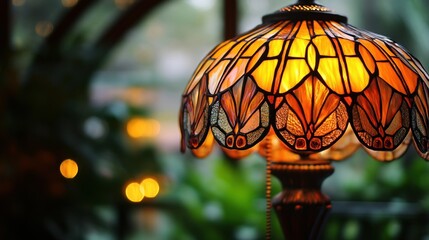 A decorative glass lamp with intricate stained-glass patterns, illuminated brightly 
