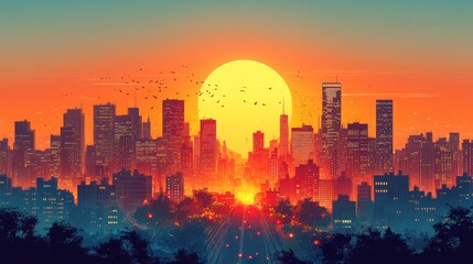 Fototapeta premium Silhouette of a Bustling Urban Cityscape during a Breathtaking Sunset with Birds Flying Across the Orange and Blue Gradients in the Sky Creating a Stunning Visual Harmony