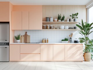 Modern Minimalist Peach Kitchen Design With Plants
