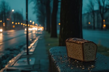 A lonely loaf of bread resting on a stone wall during a wet evening, surrounded by glistening streets and soft city lights illuminating a rainy urban landscape