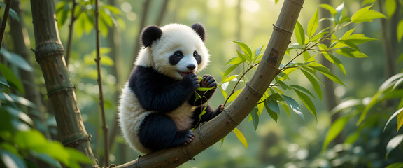 Obraz premium Adorable Baby Panda Playfully Grasping Bamboo in a Lush Green Forest, Bathed in Soft Natural Light