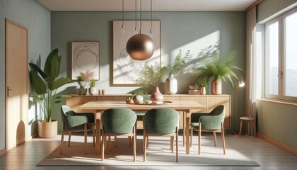 Fototapeta premium Scandinavian dining room, large windows, natural light, wooden table, white chairs, pendant light, indoor plants, butterfly artwork, green walls, minimalist decor, cozy atmosphere, modern interior des