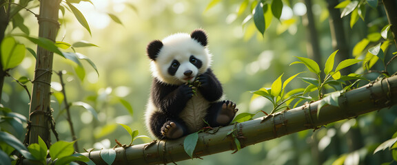 Obraz premium Adorable Baby Panda Playfully Grasping Bamboo in a Lush Green Forest, Bathed in Soft Natural Light