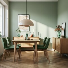 Scandinavian dining room, large windows, natural light, wooden table, white chairs, pendant light, indoor plants, butterfly artwork, green walls, minimalist decor, cozy atmosphere, modern interior des