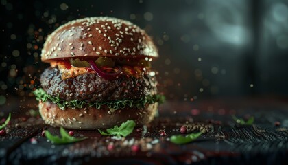 Obraz premium A juicy beef burger with melted cheese, tomato, onion, lettuce and pickles on a sesame seed bun.