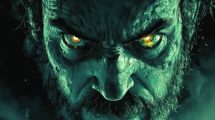 Obraz premium Intense Close-Up of a Mysterious Man with Fierce Golden Eyes and Dramatic Lighting Evoking a Sense of Mystery and Dramatic Emotion