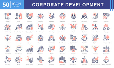 Corporate Development icon collection set. Containing planning, execution, strategies, organizational, objectives, management recruitment, markets products icon. Simple vector illustration.