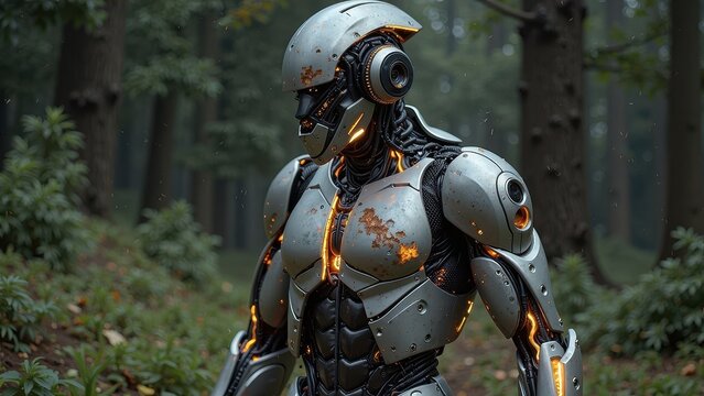 "Robocop stands tall in a misty forest, illuminated by glowing orange accents on its armored chest and limbs, as the blurred trees fade into the background."