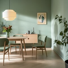 Scandinavian dining room, large windows, natural light, wooden table, white chairs, pendant light, indoor plants, butterfly artwork, green walls, minimalist decor, cozy atmosphere, modern interior des