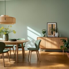 Fototapeta premium Scandinavian dining room, large windows, natural light, wooden table, white chairs, pendant light, indoor plants, butterfly artwork, green walls, minimalist decor, cozy atmosphere, modern interior des