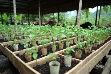 A Vibrant Nursery of Young Seedlings in Recycled Pots Showcasing Sustainable Agriculture Practices Amidst Lush Greenery and Natural Light