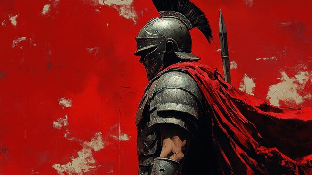 A Gladiator in Ancient Roman Armor Standing Against a Dramatic Red Backdrop Reflecting Strength and Valor in a Historical Setting