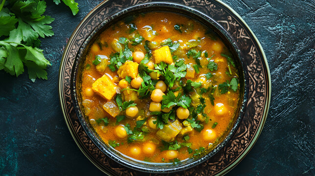top view of chickpea soup garnish with green coriender.ai generative