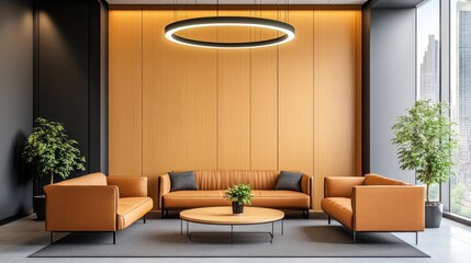 Modern office lounge with orange seating and a circular light fixture.
