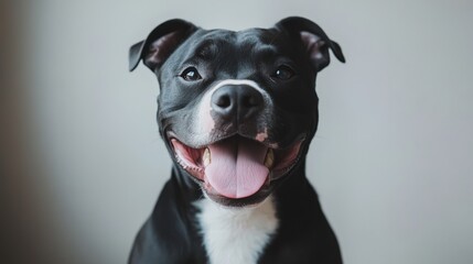 A happy, smiling black and white pit bull dog with its tongue out, looking at the camera on an isolated light gray background