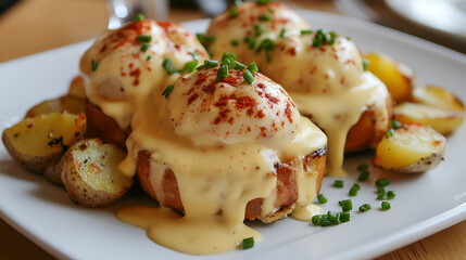 Eggs Benedict served with extra sauce extreme closeup.ai generative